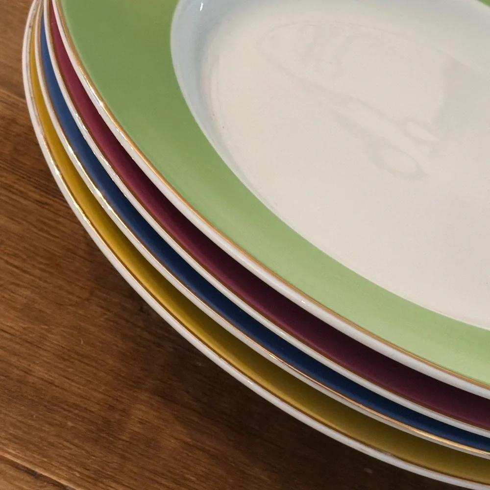 4 Pottery Barn Great White Pasta Bowls. Colorful | Gold Rimmed | 10.5” | Bold